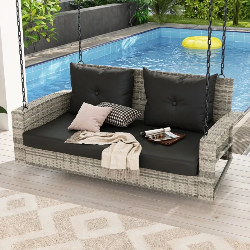 

2-Seats Wicker Hanging Porch Swing Chair Outdoor Gray Rattan Patio Swing Lounge w/ 2 Back Cushions Capacity 530lbs for Ga