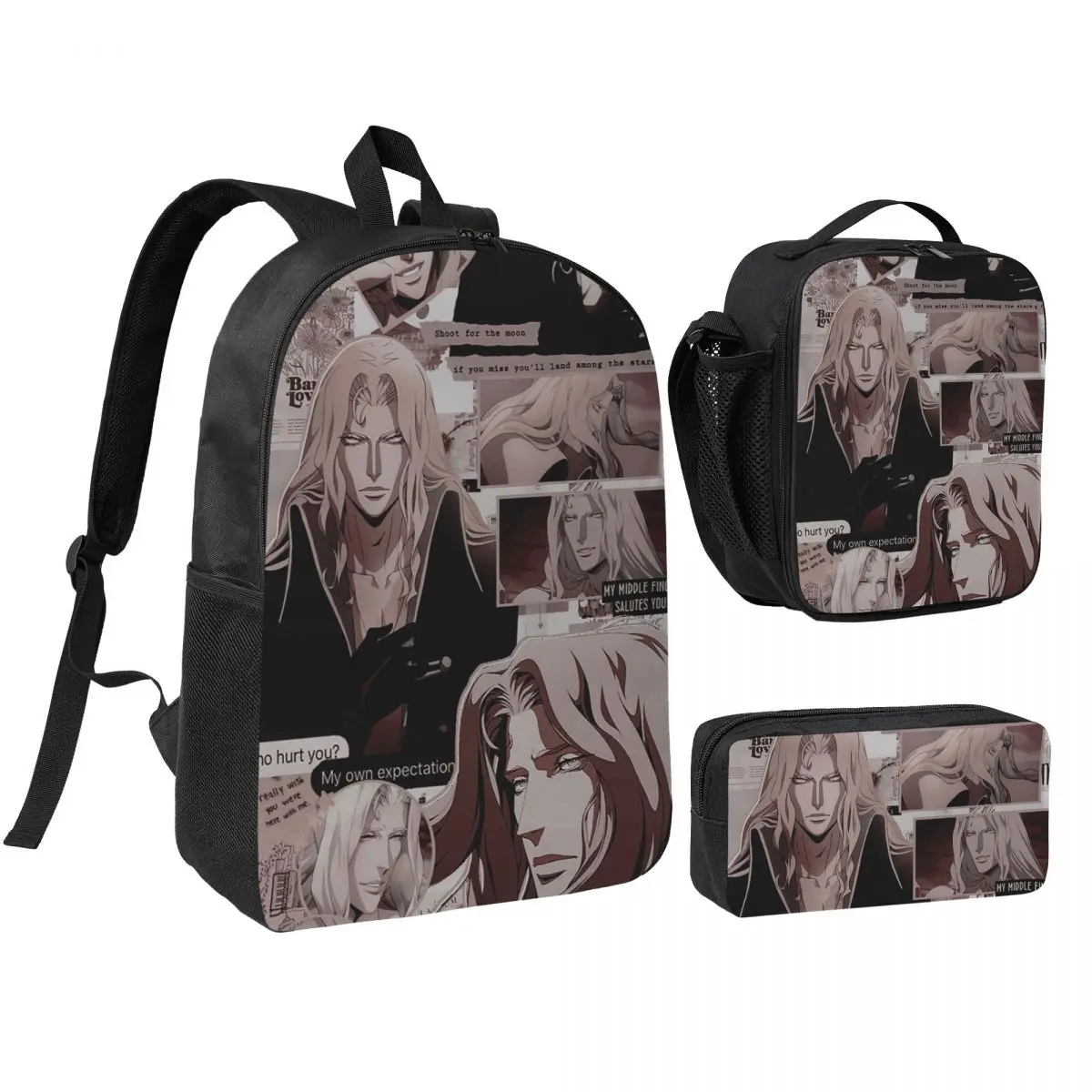 

Alucard Castlevania Backpack Student BookBag School Bag Shoulder Bags 3ps Insulated Lunch Bag Pencil Case