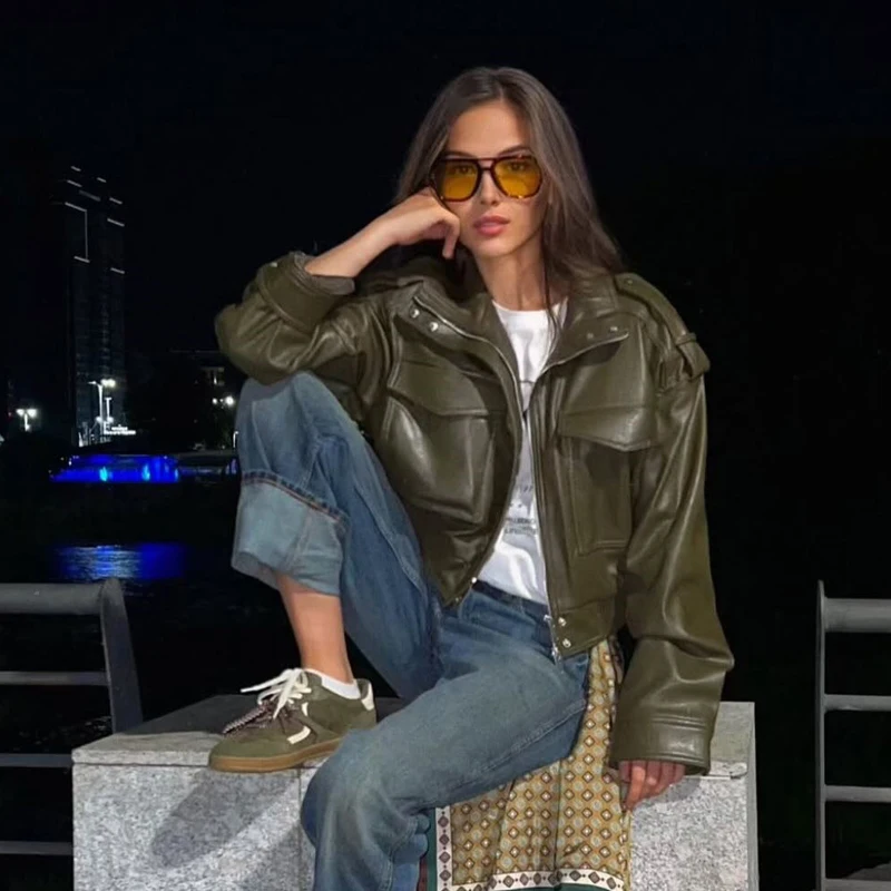 Giacca da donna Giacca in ecopelle Giacca da mezza stagione da donna verde Capispalla da donna Autunno Nuovo in cappotto Giacca a vento Streetwear