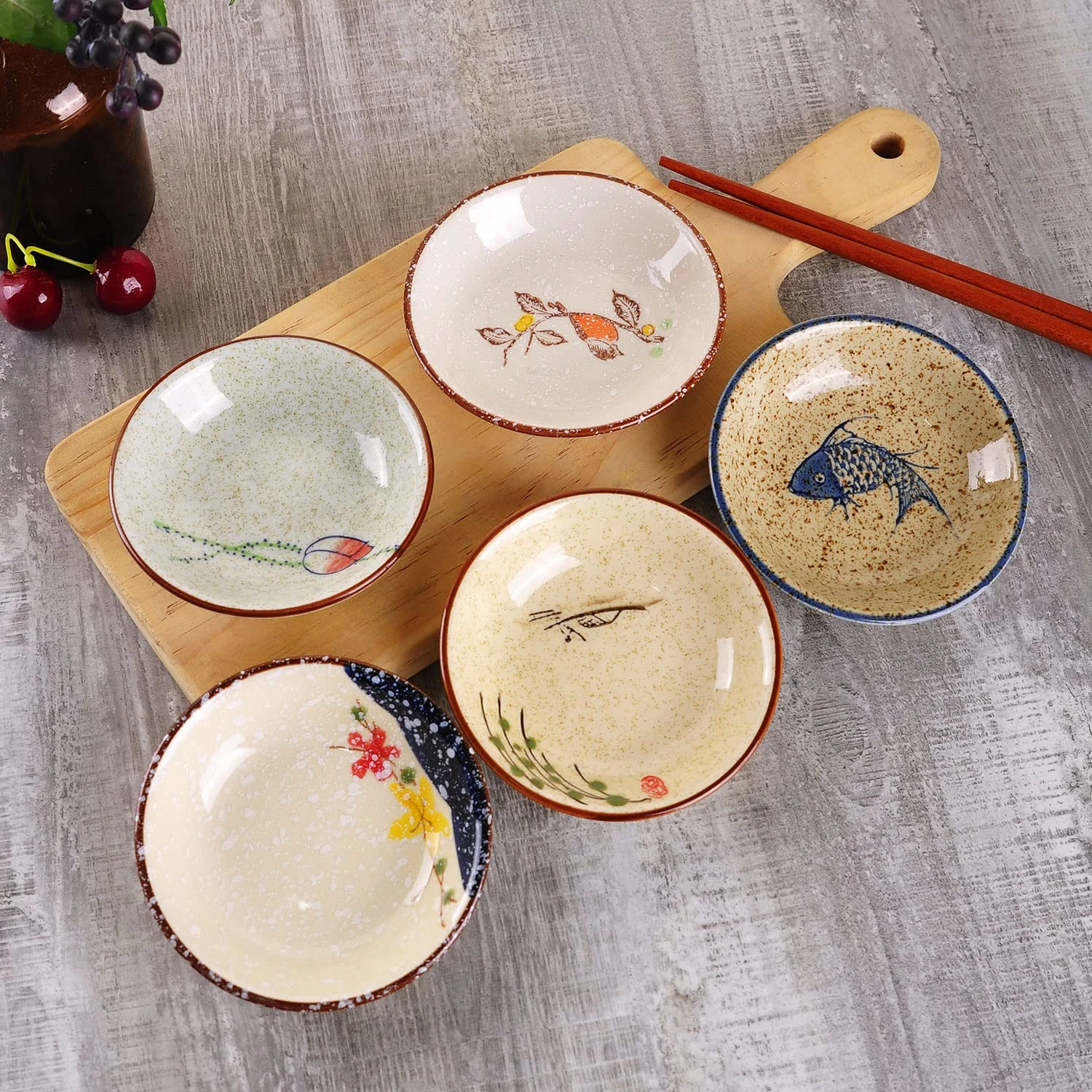 3.8inch 5Pcs Japanese Hand-Painted Ceramic Sauce Dishes, Assorted Floral Bird Koi Pattern Small Dipping Bowls for Home Tableware
