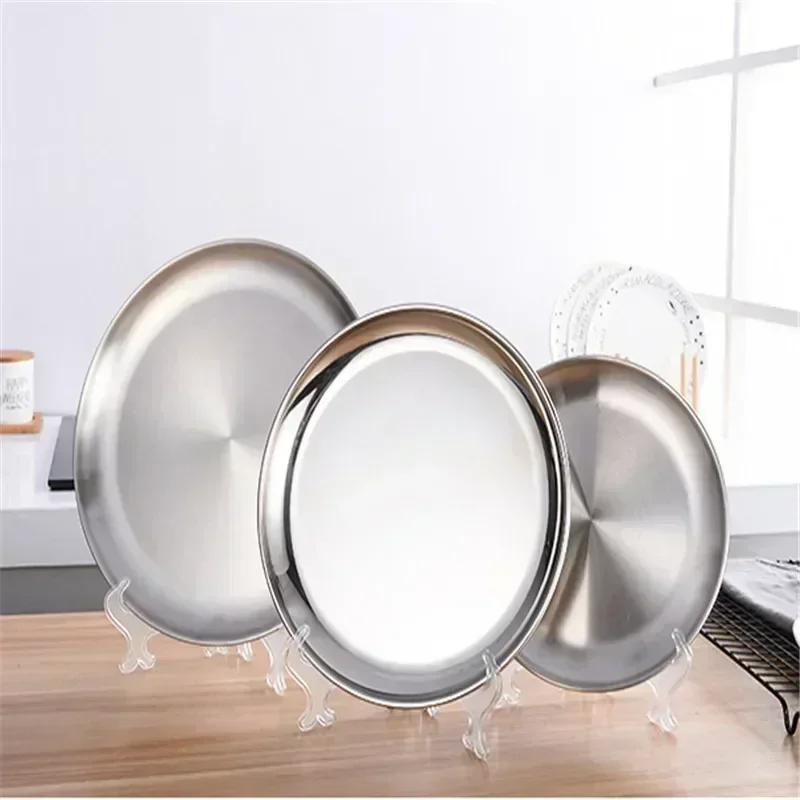 High quality Korean 304 stainless steel Round steak plate tray single layer hairline finish mirror steak tray BBQ tableware Dish