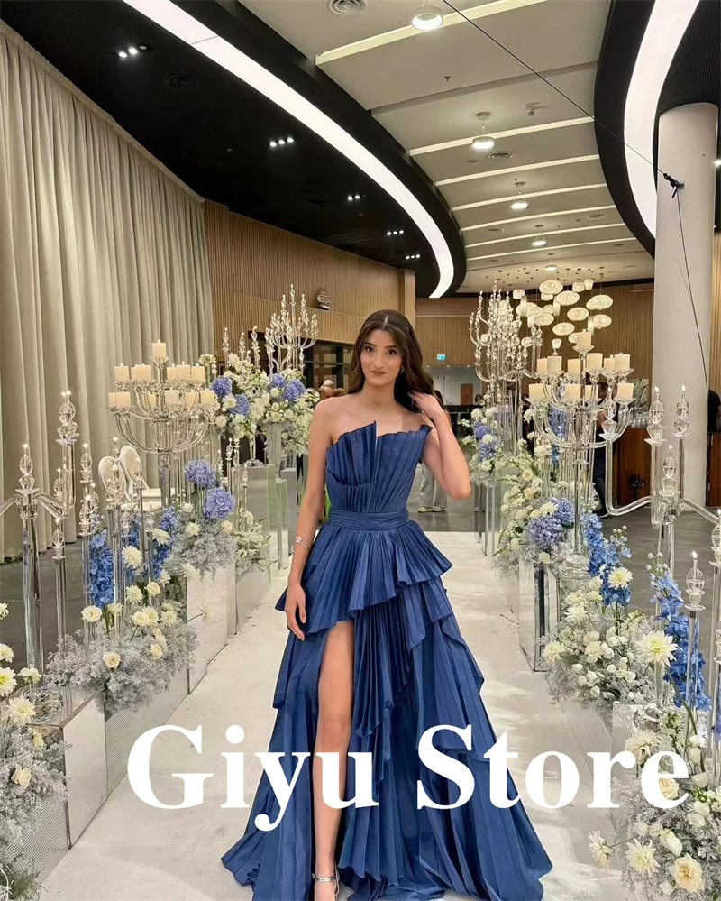 Giyu Women's Navy Blue Evening Dresses Split Pleats Taffeta Floor Length Prom Gowns Formal Party Occasion Dress Wedding Guest