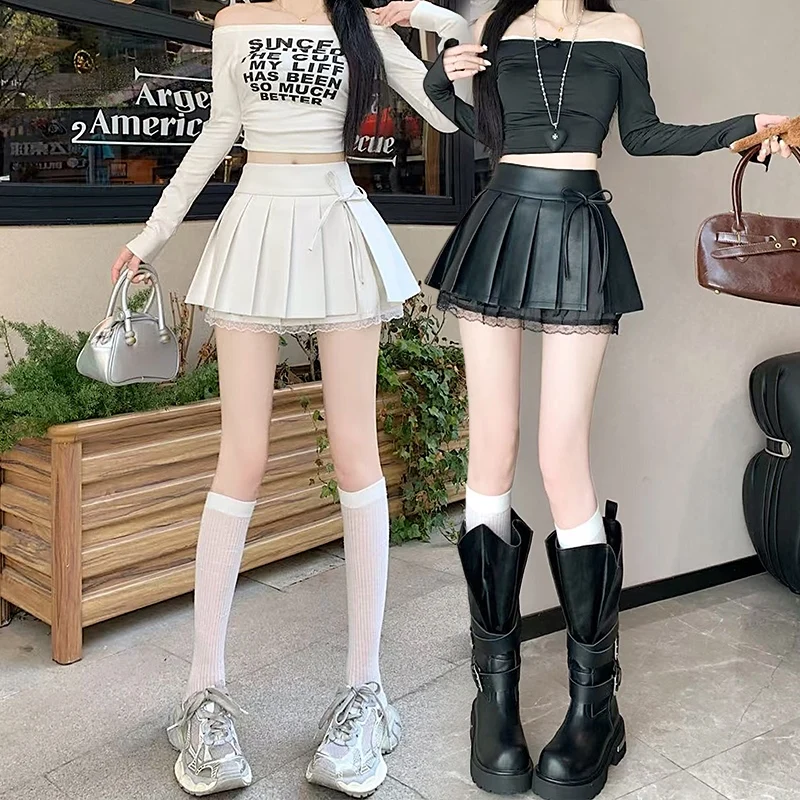 

Sweet Cool Spicy PU Leather Pleated Skirt High Waist Lace Knot A-Line Skirt Princ Sle for Trendy Girls