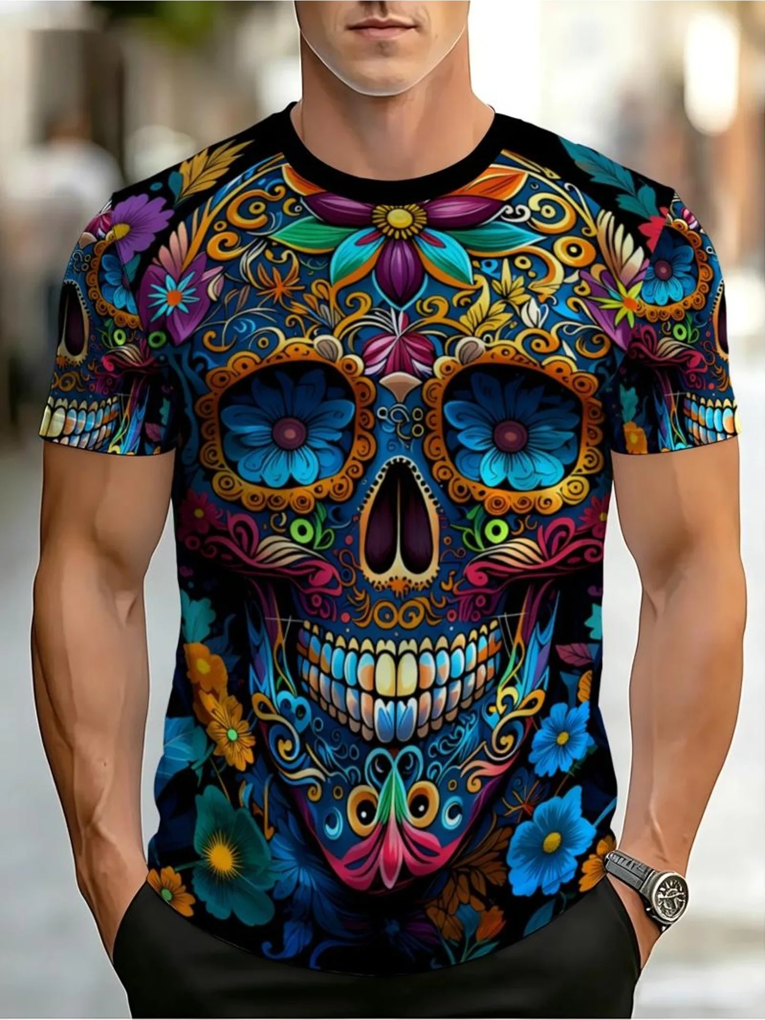 Mexican Sugar Skull Graphic T-Shirt Men, Day of the Dead Calavera Colorful Floral Print, Casual Streetwear Tee