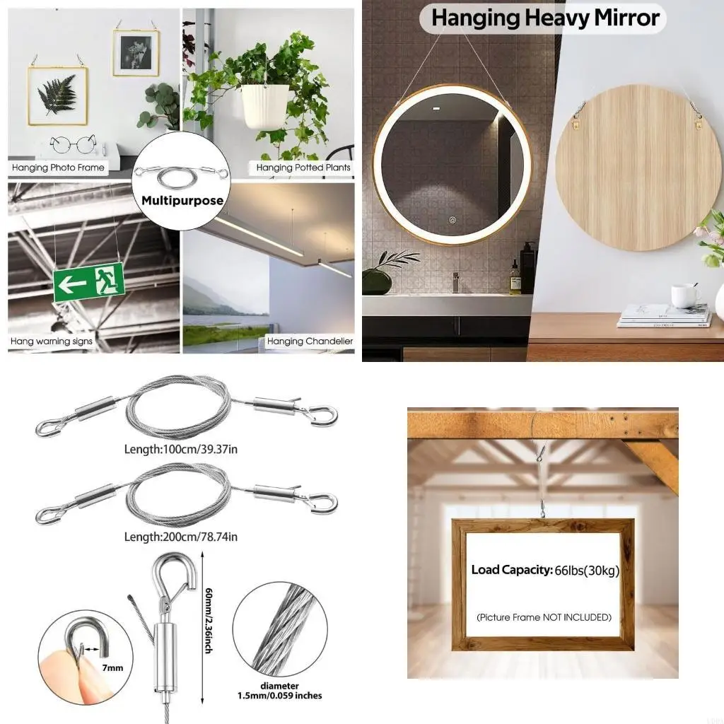  Picture Hanging Wire 2 Pack Adjustable Stainless Steel Set with Hook for Art Frame Mirrors Portable Sturdy Up to 100lbs