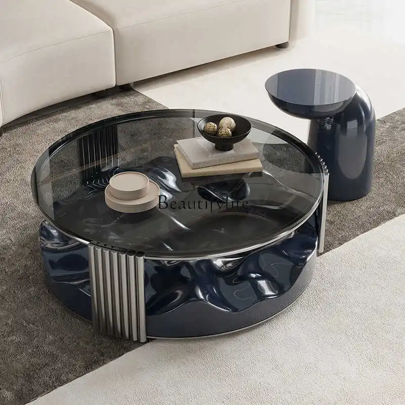 

jj Italian minimalist stainless steel coffee table light luxury FRP paint round coffee table combination