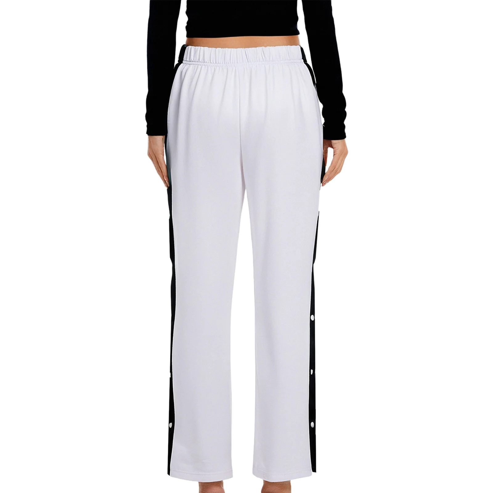 Women Color Block Wide Leg Sweatpants Tear Away Loose Long Pants Elastic Waist Side Pockets Side Pressing Buttons Pants