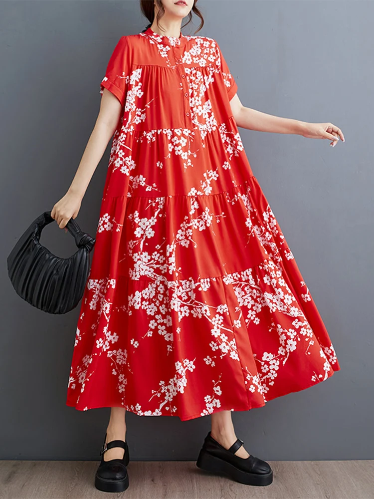 

2024 Summer New Red Vintage Floral Patchwork Dresses For Women Short Sleeve Loose Casual Long Dress Fashion Elegant Clothing