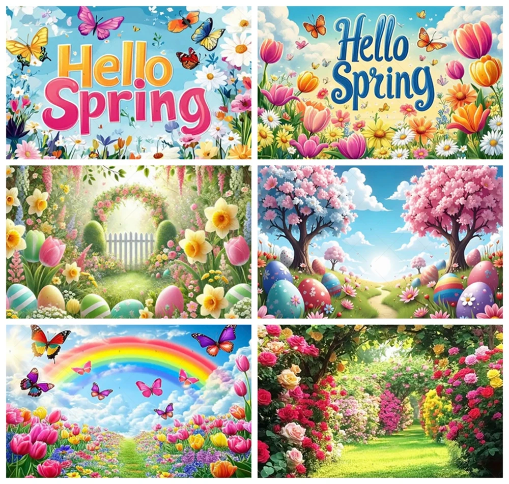 

Hello Spring Theme Photography Background Banner Butterfly Flower Rainbow Easter Party Children Birthday Party Decoration Props