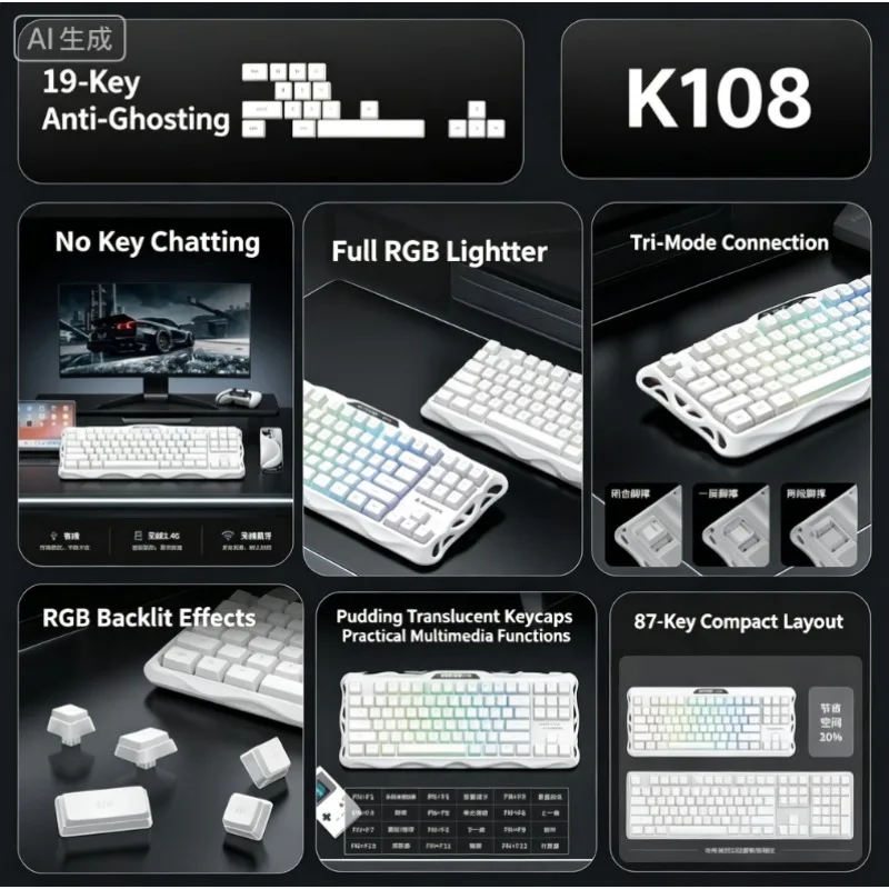 K108 Tri-mode Wireless Keyboard Hollow Out Design Rechargeable Bluetooth 2.4G Connection For Desktop Laptop E-sports Gaming