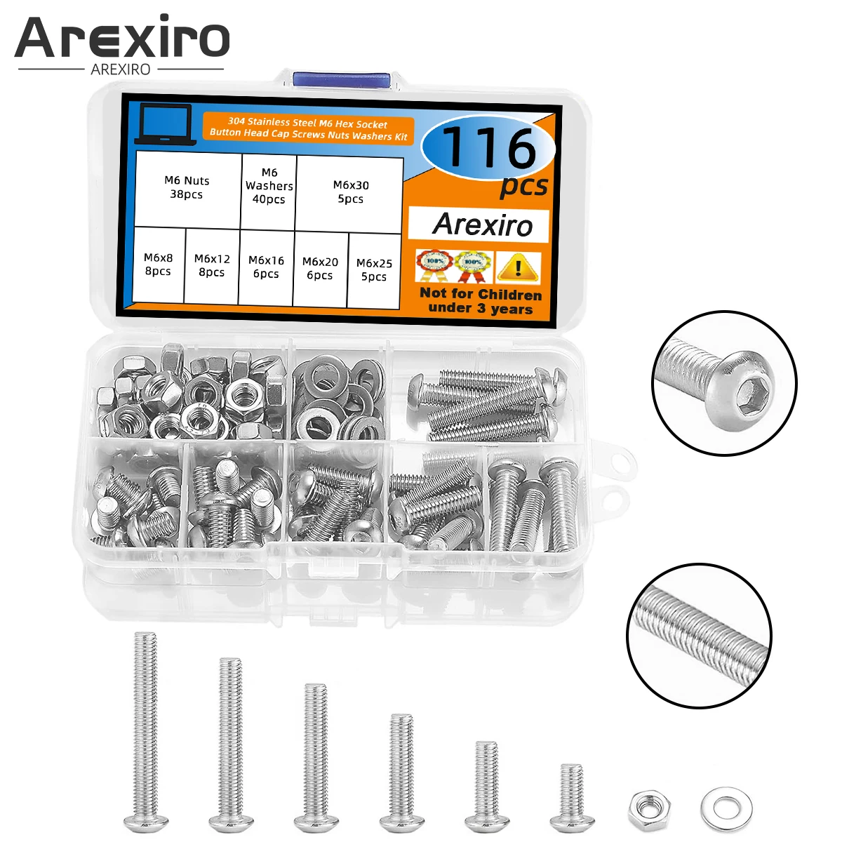 

116 шт., винты из нержавеющей стали 304, кнопки, головки M6, метрический винт, ассортимент M6x8/12/16/20/25/30 мм, болт с шестигранной головкой, набор шайб