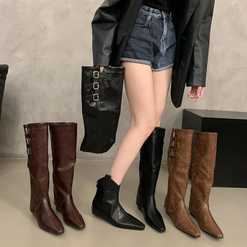 

Brand Women Long Boots Fashion Pointed Toe Slip On Ladies Elegant Knee-high Boots Square heel Outdoor Dress Pumps New Woman