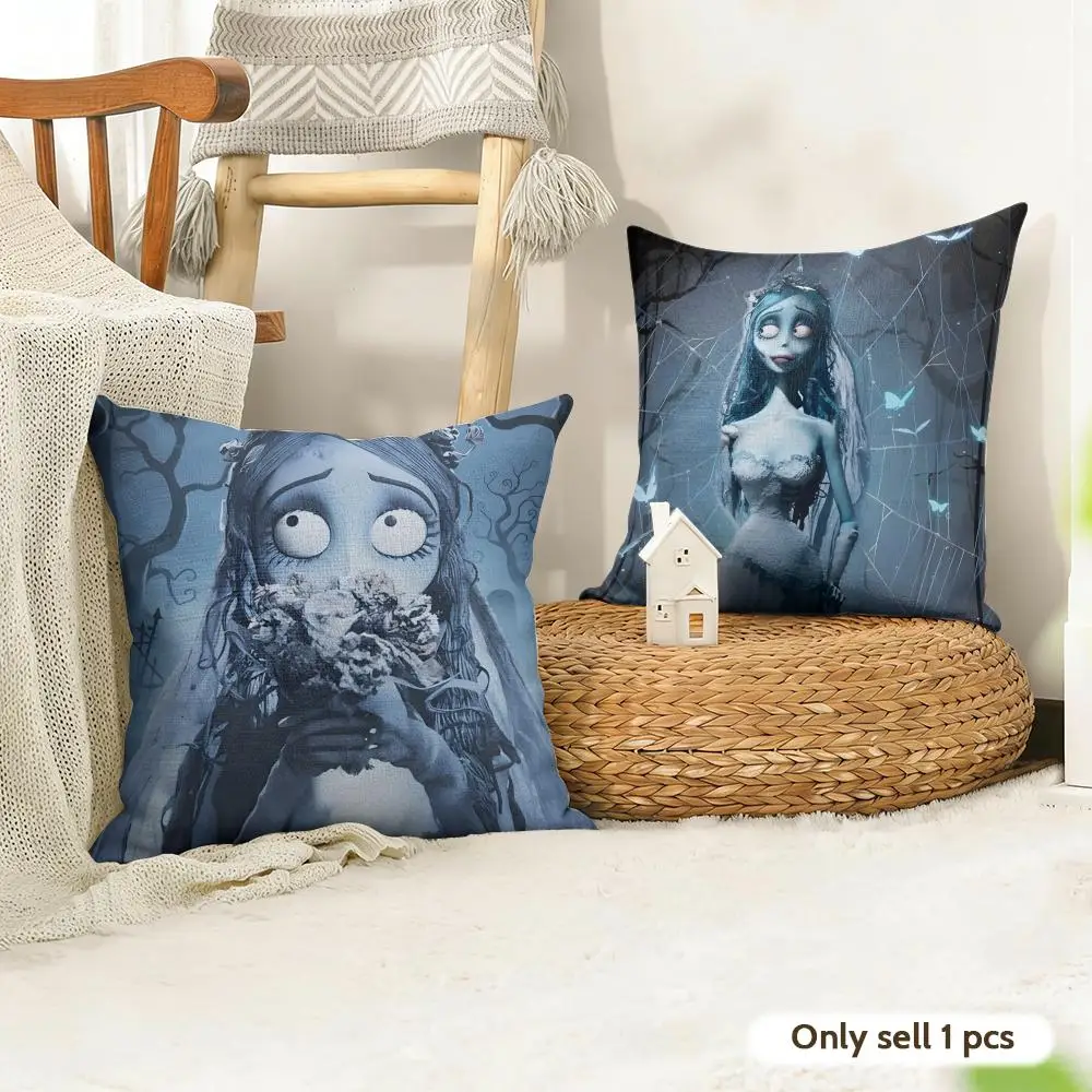 Movie C-Corpse Bride Cushion Cover Natural Linen Organic Fabric Double-Sided Printing Sofa Home Decor Gift Pillow Case