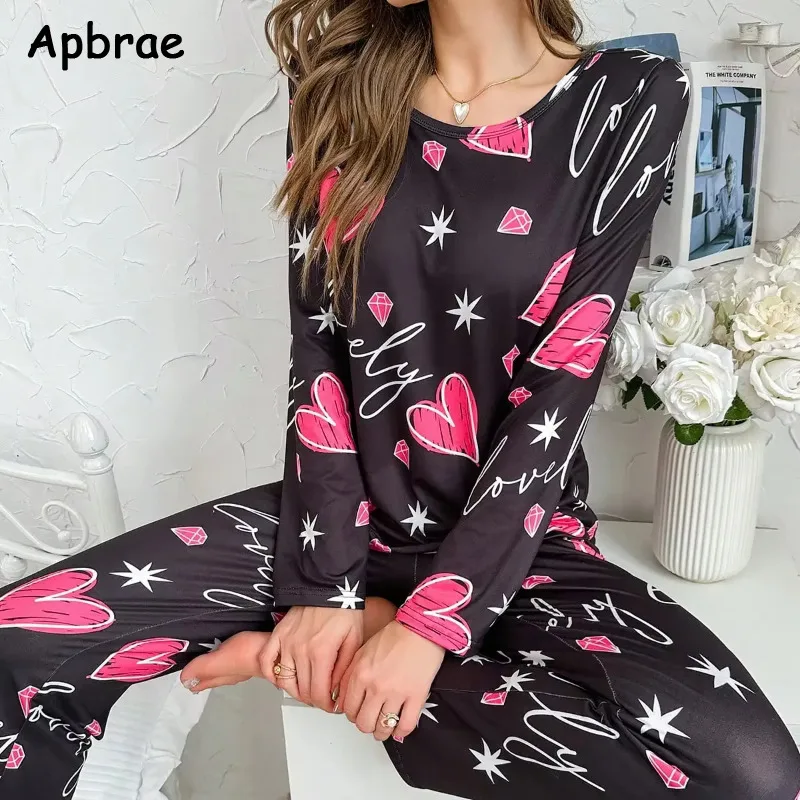 Aututmn Winter Heart Print Pajamas for Women Long Sleeve Long Pants Pajama Milk Silk O-neck Sleepwear Women Home Suit