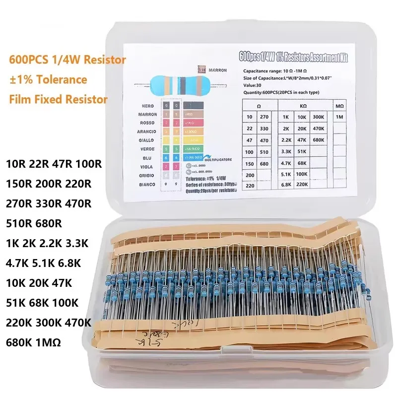 600PCS Metal Film Resistors 1/4W Precision 1% 10R-1M Values 30 Types Set of 20 Each for Electronics and Circuit Projects