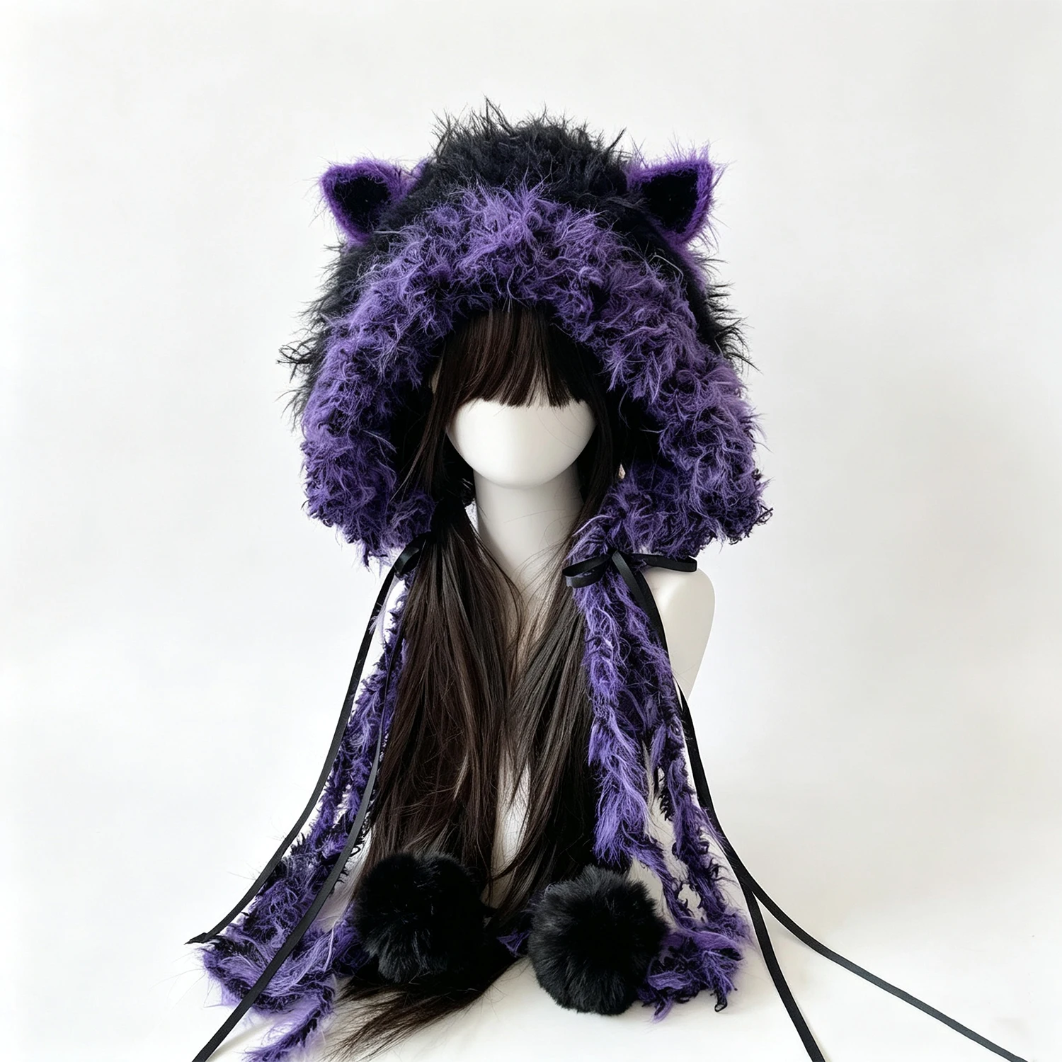 Custom Handmade Crochet Black Purple Cat Ear Hat Man Plush Knitted Beanie Dark Gothic Halloween Cosplay Rave Winter Headwarmer