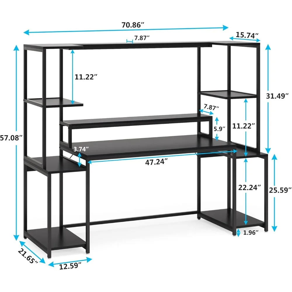 70 -inch Computer Desk with Hutch and Shelf,  Monitor Stand, Carbon Fiber Desktop, Easy To Assemble, Large Aming Desk