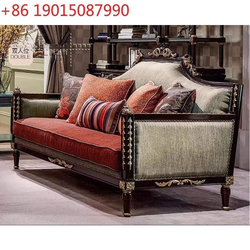 Solid wood retro gold-painted single and double three-person sofa villa walnut-colored carved coffee table entrance table