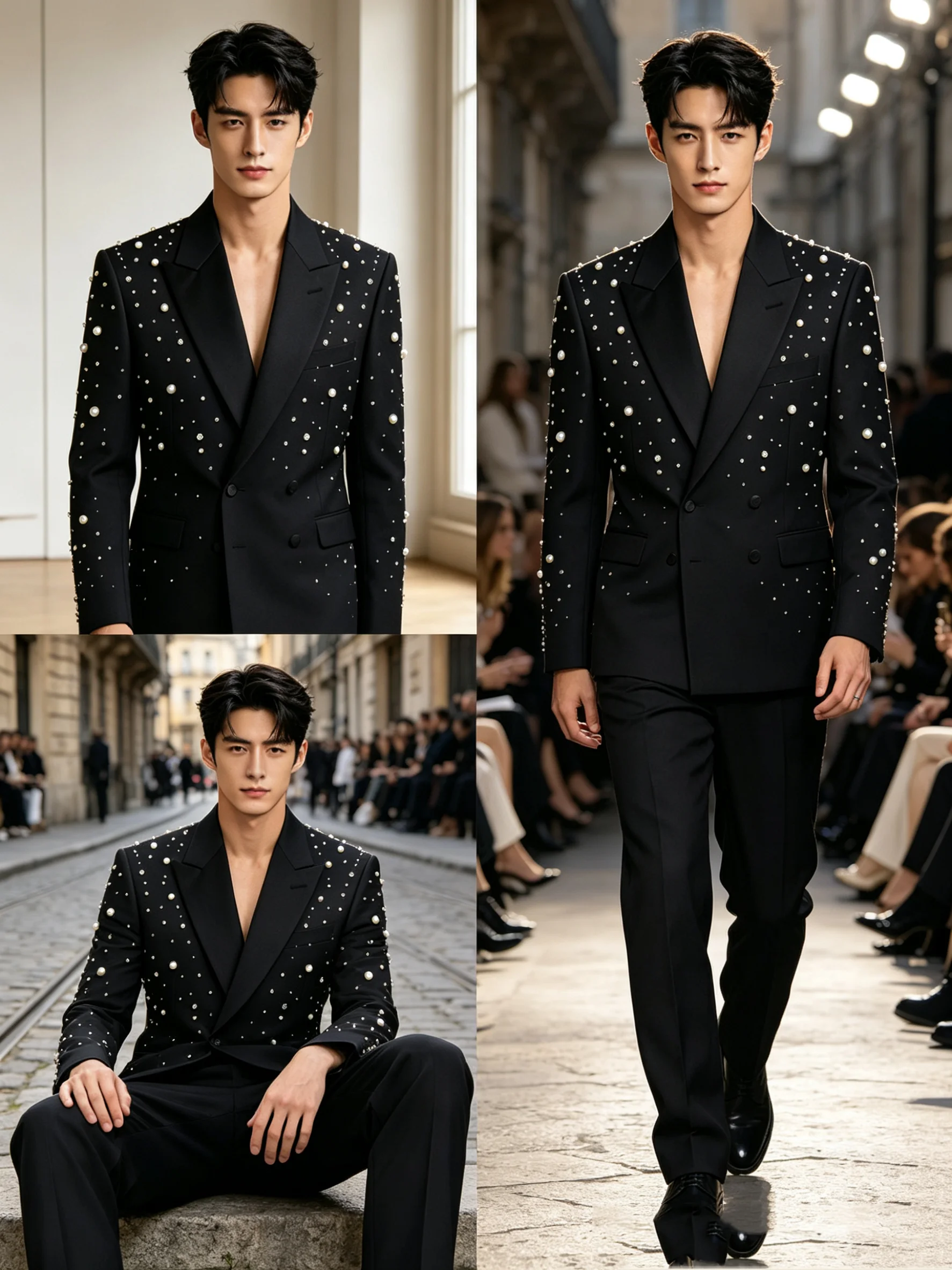 

Designer Pearls Men Suit Set 2 Pcs Blazer+Black Pants Trousers Cotton Customized Formal Office Jacket Wedding Tuxedos Prom Coat