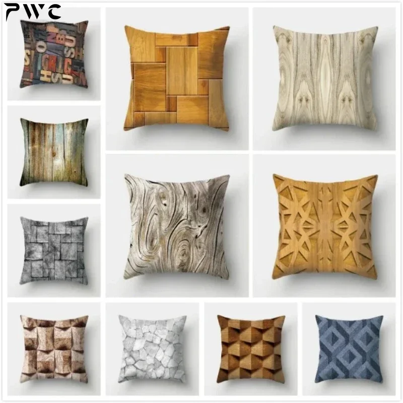 Wood Stone Pattern Decorative Cushion Cover Polyester Square Throw Pillow Case Cover Sofa Car Home Decor 45X45CM Fundas De Cojin