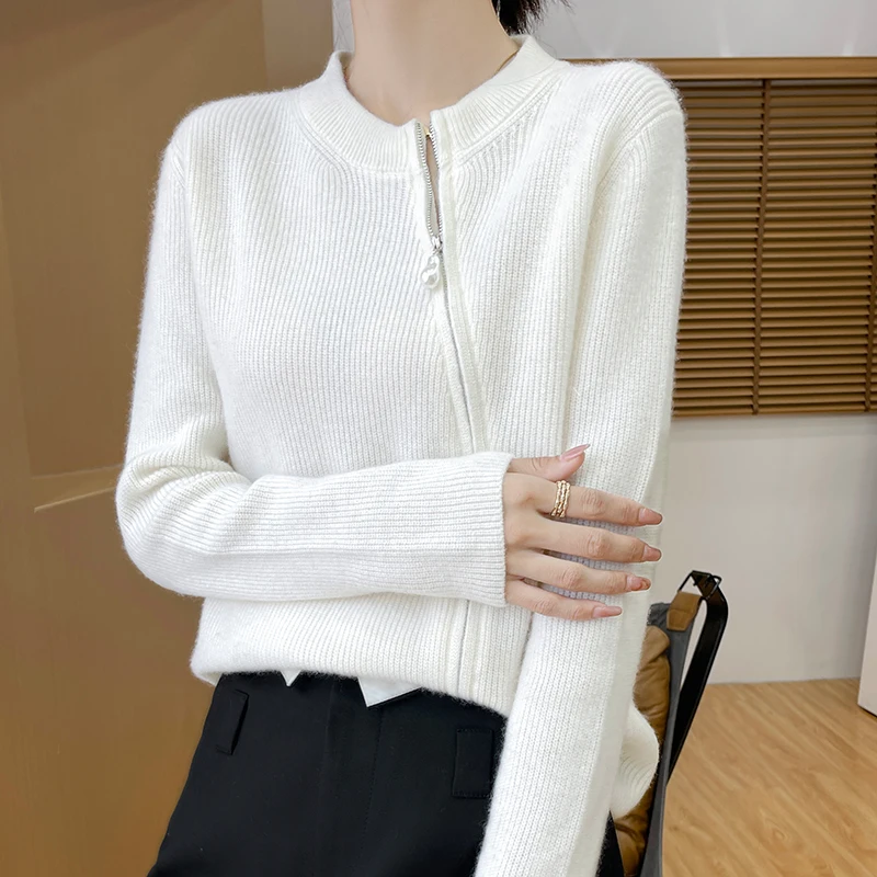 Autumn Winter New 100% Merino Wool Sweater Women\'s Clothing O-Neck Knitted Zipper Cardigan Casual Fashion Korean Version Tops