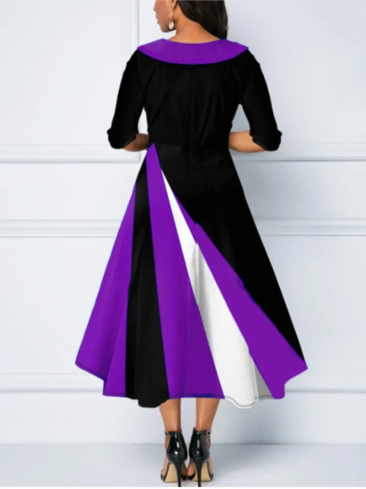 Spring Autumn Women\'s New Button Decoration Fashion 3D Printing Large Swing Five Step Sleeve Doll Neck Long Dress