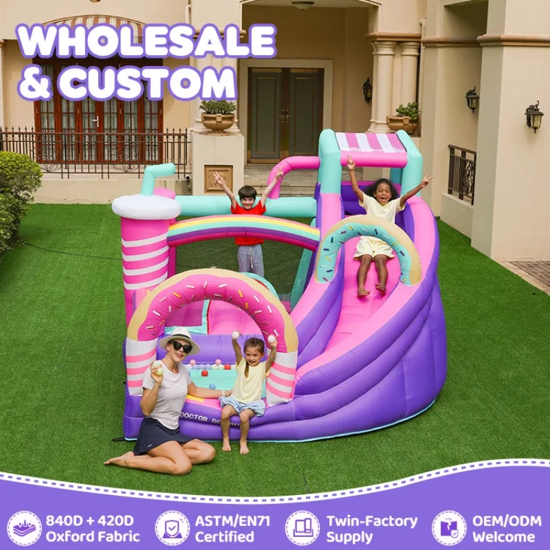 Candy Donut Themed Inflatable Bounce House, Kids Bouncy Castle with Slide Ball Pit Oxford Fabric Backyard Playground Toy