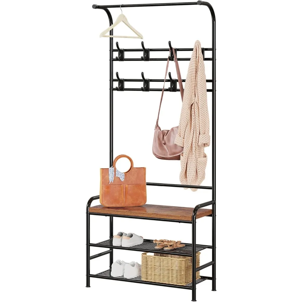 

Hall Tree with Entryway Bench with Coat Rack Shoe Rack Bench, 3 in 1 Hall Tree with Bench and Shoe Storage, 3-Tier Storage Shel