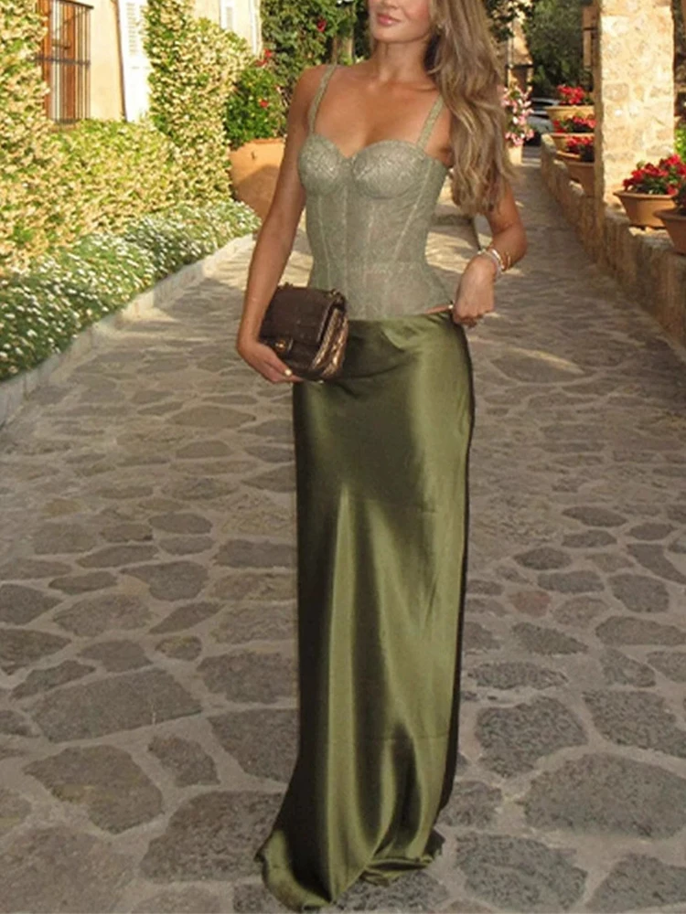 Modne stroje na wakacje, seksowny koronkowy top, kombinezon i zestaw z długą spódnicą, letni, ażurowy, bez rękawów, na ramiączkach, wyszczuplający strój na imprezę.