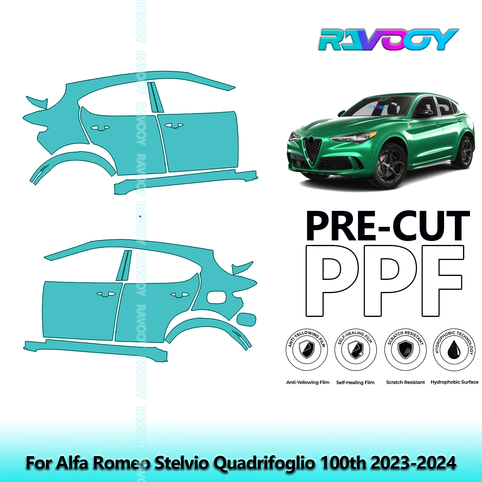 

For Alfa Romeo Stelvio Quadrifoglio 100th 2023-2024 8.5mil Pre-Cut PPF Door & A/B Pillar Kit TPU Paint Protection Film Set