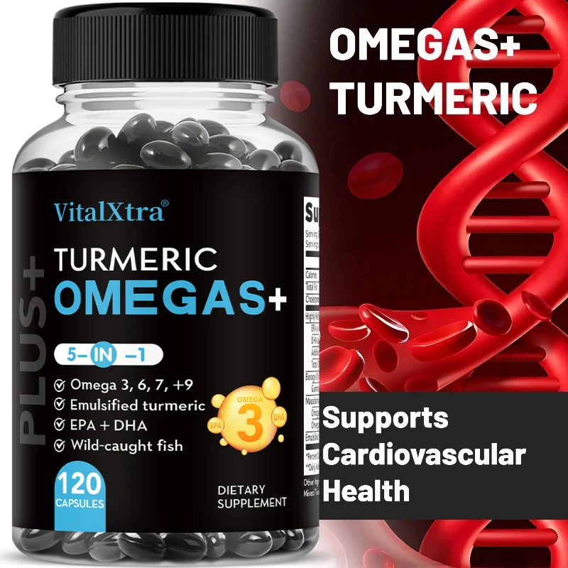Omega 3 6 7 9 Complex with Turmeric Softgels, Rich EPA & DHA, Support Immune, Brain, Joint & Daily Cardiac Wellness, 60 Counts