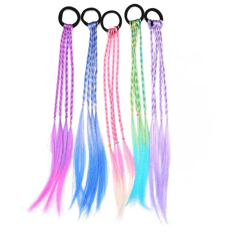 6Pc Rainbow Gradient Color Dirty Braided Ponytail Wig Kids Rubber Elastic Hair Bands For Women Girls Ponytail Hair Accessories