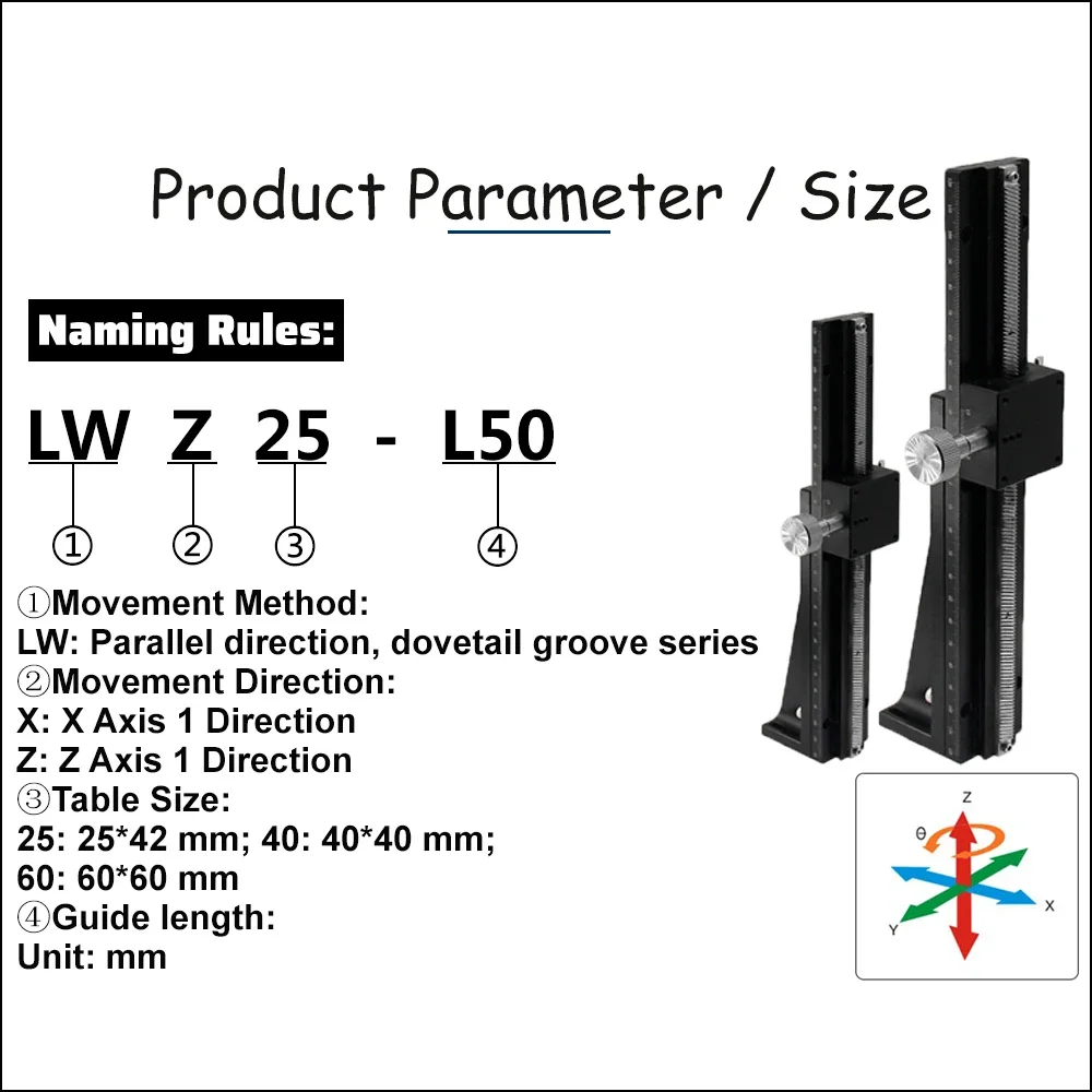 Z Axis Dovetail Lifting Linear Rail Guide Stage Long Stroke Fine-Tuning Manual Sliding Table Optical Displacement Platform Slide