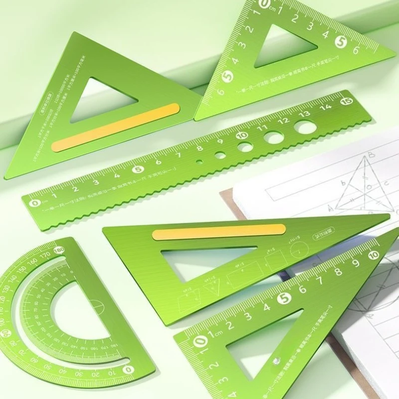 Eye Protection Green Aluminum Alloy Ruler Set 15cm Non-Slip Student Measuring Tool with Storage Box