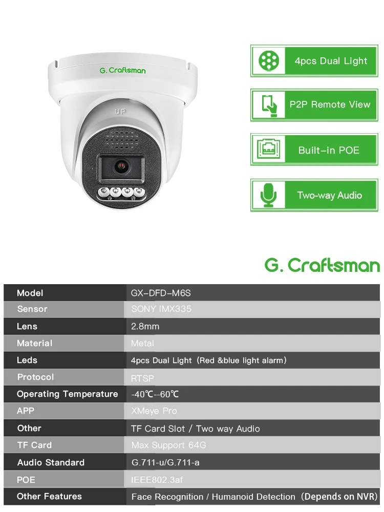 C,D GC,XMeye,D,S-ONY, 6MP, POE,TF فتحة بطاقة، مكبر صوت، صوت، تحذير، Onvif، فيديو CCTV، أمن المراقبة G.Craftsman