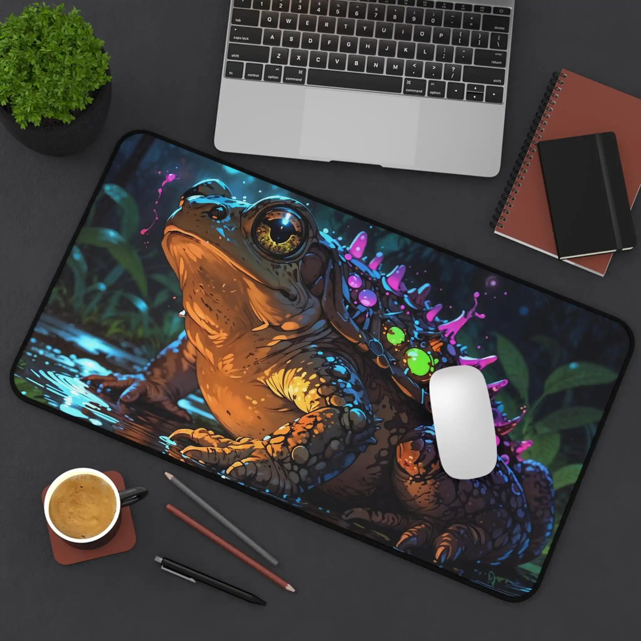 Cute Celestial Frog Desk Mat - Non-slip Mouse Pad with Vibrant Colors and Stitched Edges for Workspaces and Gaming Setups