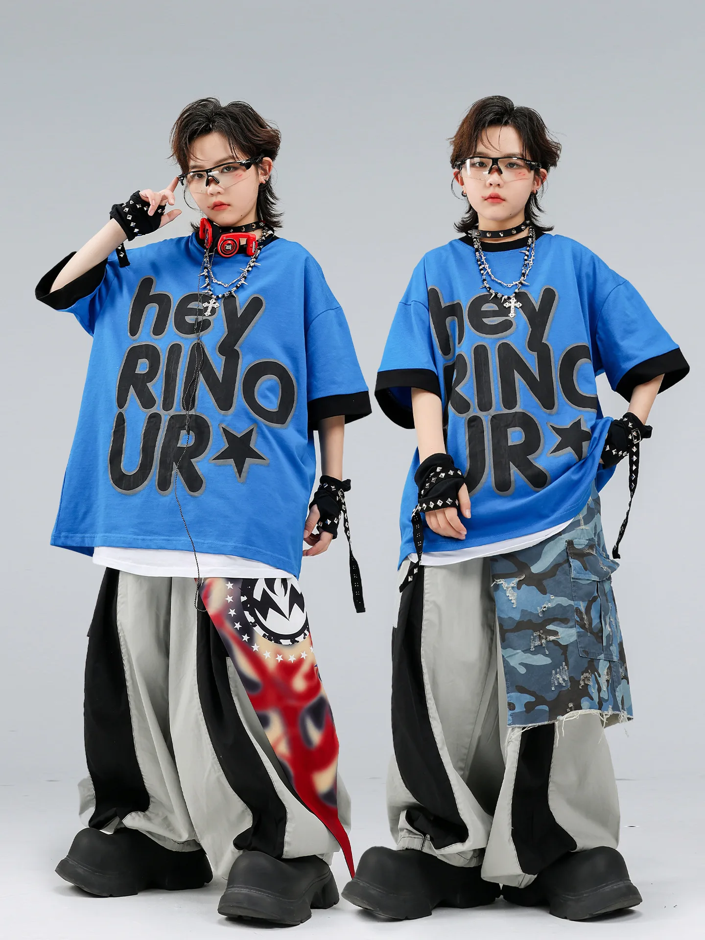 Kids Hip Hop Clothing Set - Boys Girls Loose Colorful Cargo Shorts with Cool Print Tee for Street Dance Jazz Summer Outfits