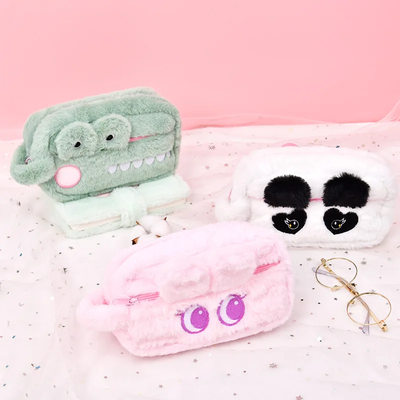 Autumn Winter | Cute Cartoon Green Crocodile Plush Pencil Bag Kawai Kid Soft Furry Animal Stationery Bag Back To School Supplies