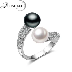 Real 925 Sterling Silver Double Pearl Rings Woman,White Natural Freshwater Pearl Ring Adjustable Wife Mother Anniversary Gift