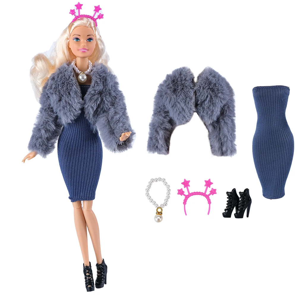 

NK 5 Pcs/Set OL Dress Clothes for 11.5 Inch Doll Shoes Jacket Necklaces Grey Coat 30cm Dolls Accessories Toys for girl