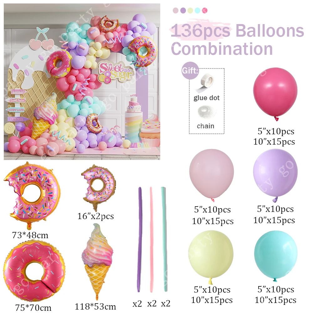 138pcs Macaron Donut Balloon Garland Arch Kit Candy Ice Cream Foil Balloon for Kids Birthday Party Decor Baby Shower Backdrop