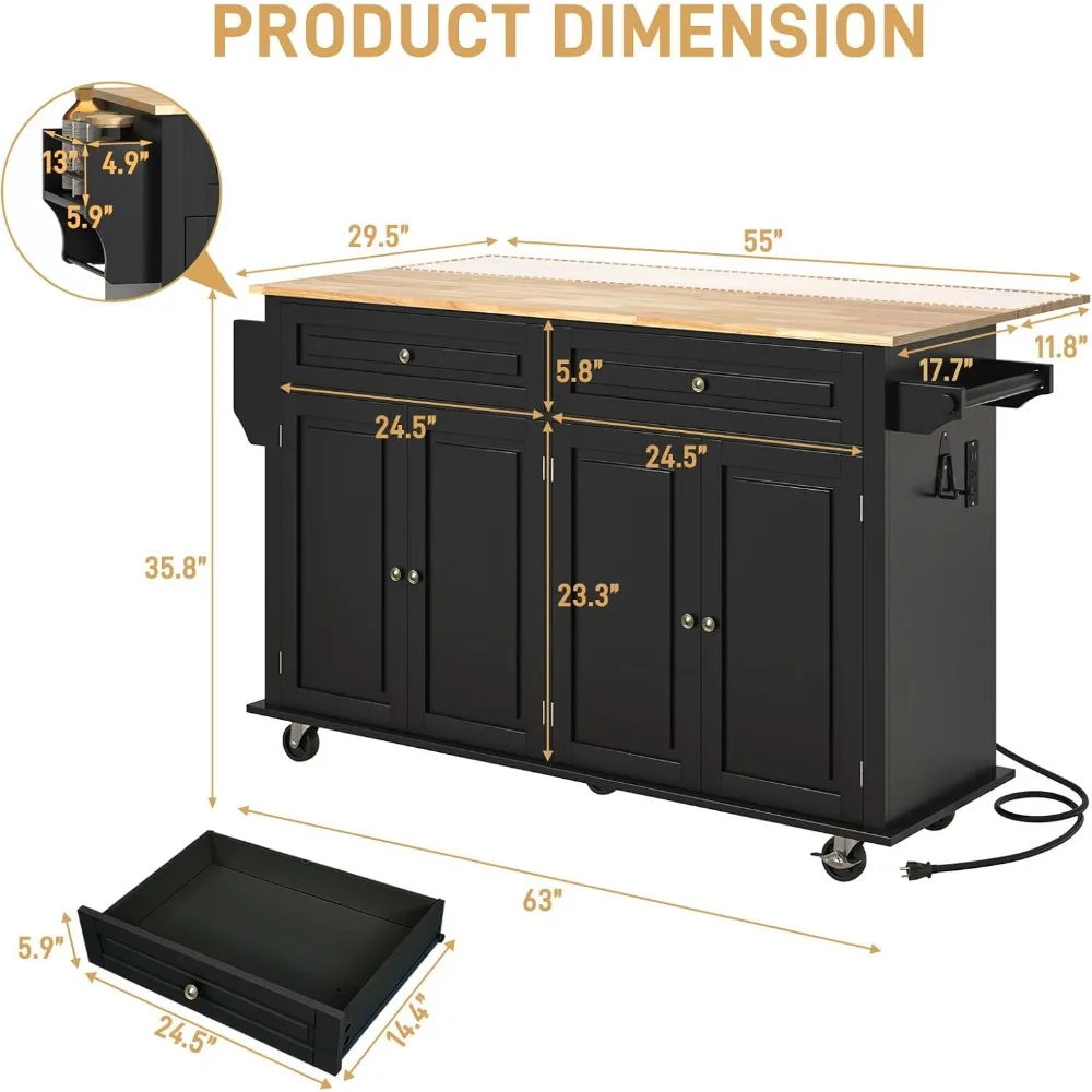جزيرة مطبخ محمولة مقاس 63 بوصة مع أوراق شجر قابلة للسقوط وتخزين ومخرج طاقة على عجلات #2