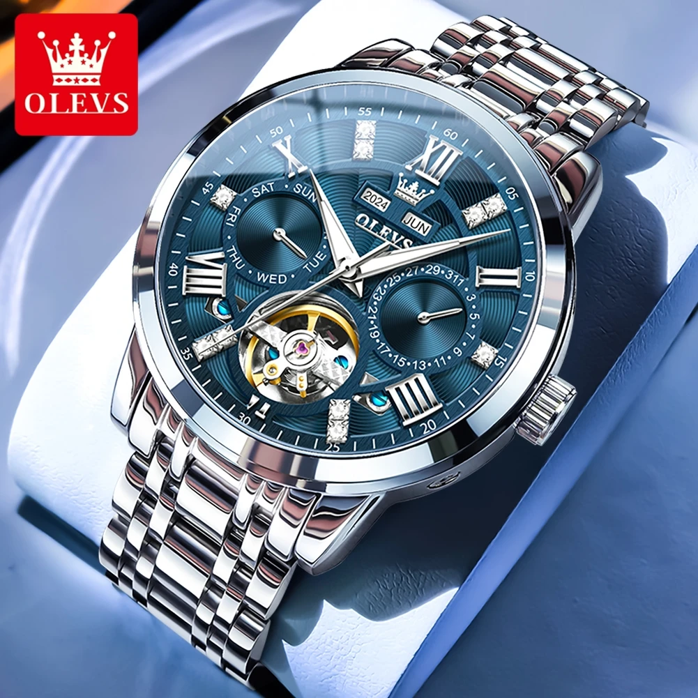 OLEVS 6701 고급 오리지널 남성용 시계 플라이휠 오토매틱 기계식 시계 방수 캘린더 주간 시계 남성용 무료 선물