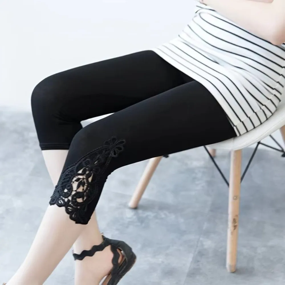 Hollow Out Women Leggings Stretch Slim Fit Breathable Cropped Capris Pants Thin Solid Color Lace Trim Legging Daily Wear