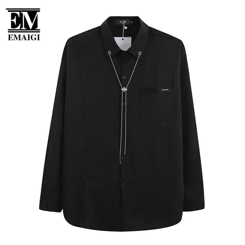 

Men Chain Necklace Long Sleeve Loose Casual Streetwear Fashion Hip Hop Black White Shirts Blouses for Men Y2k Clothes