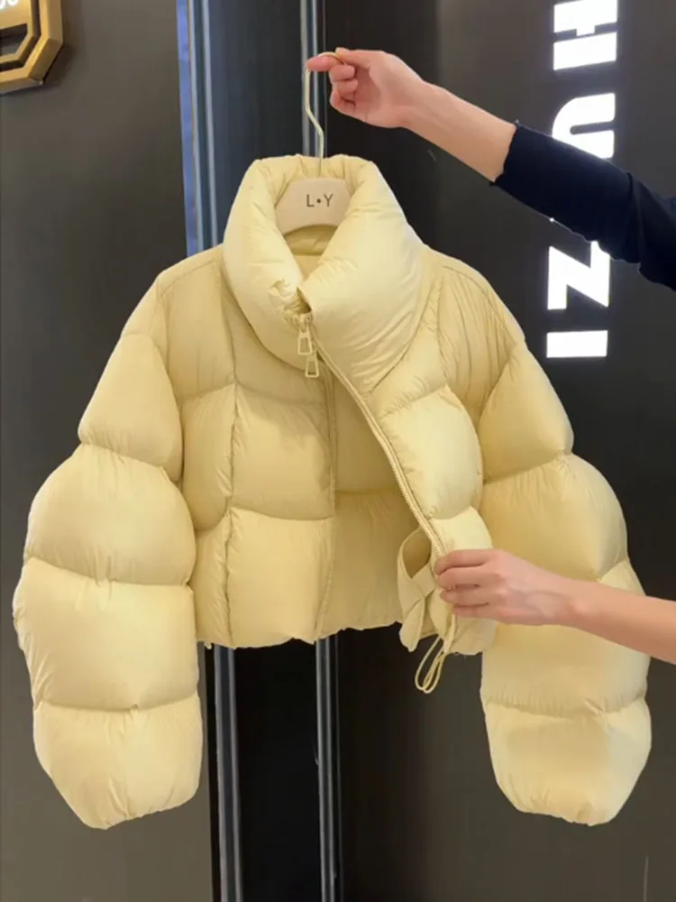 

Пышная белая куртка Du down Jaet, женская зимняя верхняя одежда, корейское теплое пальто желтого молочного цвета, маленький размер