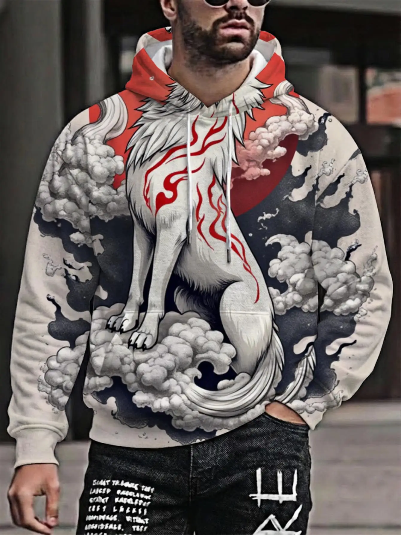 3D Full Print Fox Hoodie Men Japanese Ukiyo-e White Nine Tailed Fox Cloud Oriental Myth Drawstring Loose Casual Hooded Sweat Top