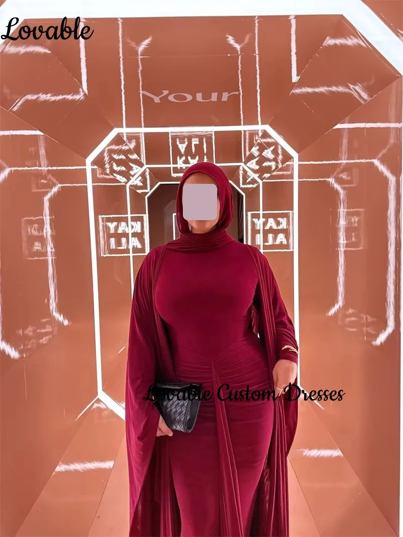 Sukienka wieczorowa na zamówienie, czerwona, kolumnowa, z długimi rękawami, dekolt okrągły, sukienka na przyjęcie weselne, długa do podłogi, z falbanami, zapinana na zamek, sukienki formalne.