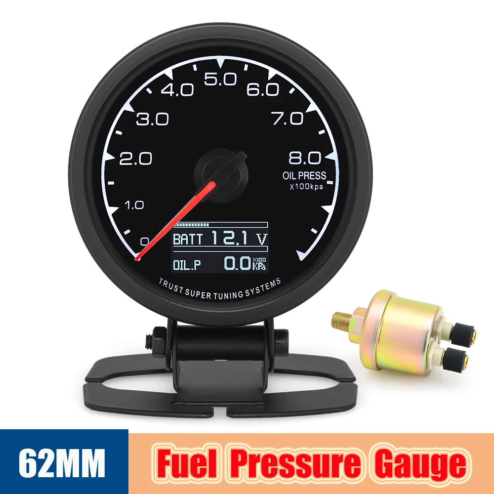 12V Automotive Oil Pressure Gauge + Oil Pressure Sensor 1/8 NPT 62mm Car Meter Digital Fuel Press Oil Manometer Diagnostic Tool