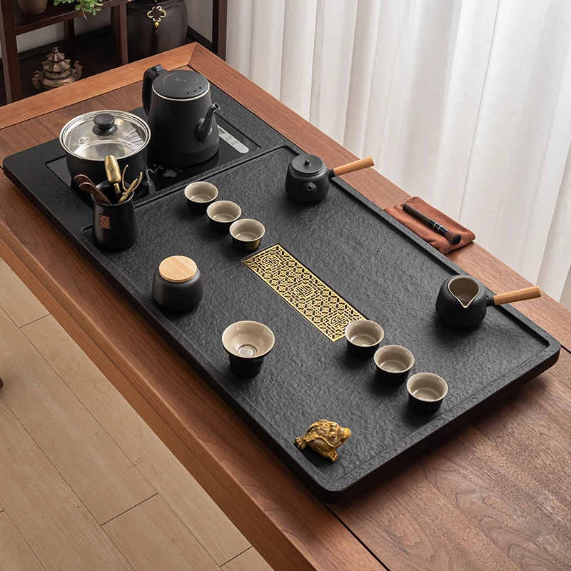 Black Rectangle Tea Tray Living Room Kitchen Tableware Stone Luxury Serving Luxury Drainage Tea Tray Valet Bandejas Teaware